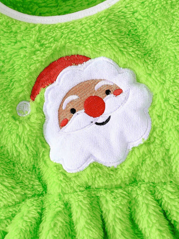 2pcs/Set 2024 Christmas Girl Cartoon Santa Print Fleece Warm Winter Long Sleeve Dress With Headband