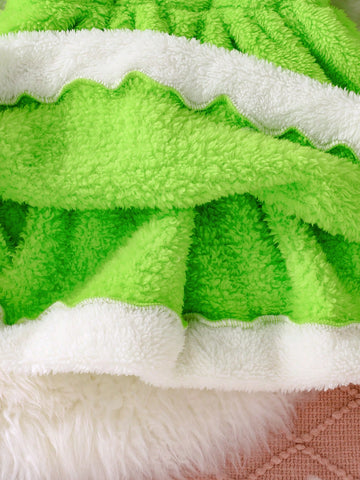 2pcs/Set 2024 Christmas Girl Cartoon Santa Print Fleece Warm Winter Long Sleeve Dress With Headband