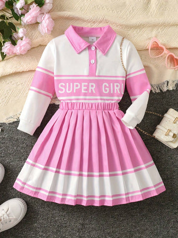2pcs/Set 2024 Trendy Pink & White Contrast Letter Graphic Sweatshirt And Pleated Skirt Suit