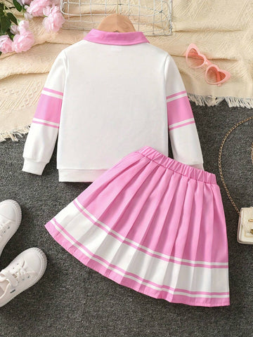 2pcs/Set 2024 Trendy Pink & White Contrast Letter Graphic Sweatshirt And Pleated Skirt Suit