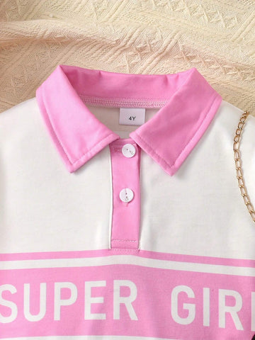 2pcs/Set 2024 Trendy Pink & White Contrast Letter Graphic Sweatshirt And Pleated Skirt Suit