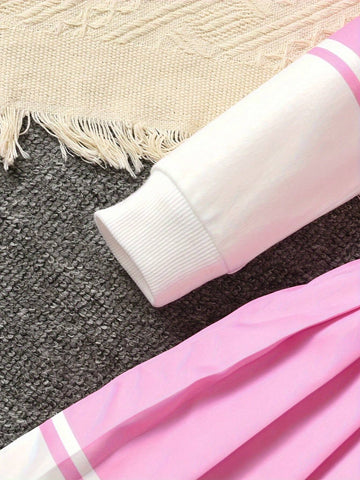 2pcs/Set 2024 Trendy Pink & White Contrast Letter Graphic Sweatshirt And Pleated Skirt Suit