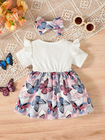 2pcs/Set Baby Girls Butterfly Print Short Sleeve Dress + Headband