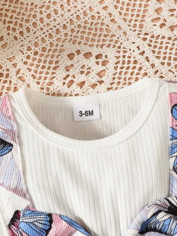 2pcs/Set Baby Girls Butterfly Print Short Sleeve Dress + Headband