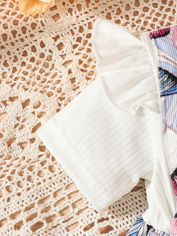 2pcs/Set Baby Girls Butterfly Print Short Sleeve Dress + Headband