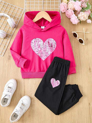2pcs/Set Casual Stylish Girls Heart Print Hooded Long Sleeve Top And Black Heart Pants