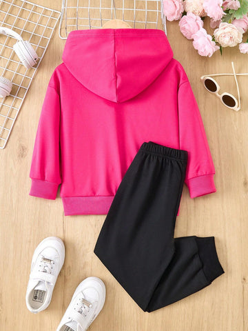 2pcs/Set Casual Stylish Girls Heart Print Hooded Long Sleeve Top And Black Heart Pants