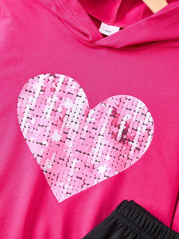 2pcs/Set Casual Stylish Girls Heart Print Hooded Long Sleeve Top And Black Heart Pants