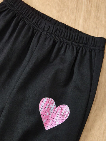 2pcs/Set Casual Stylish Girls Heart Print Hooded Long Sleeve Top And Black Heart Pants