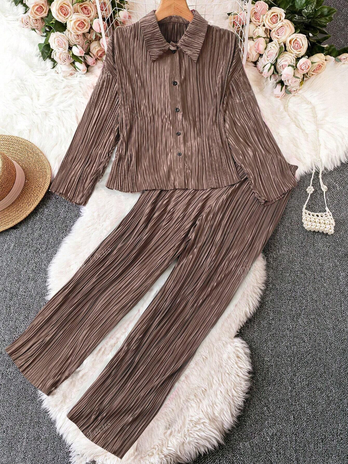 2pcs/Set Fashion Pleated Fabric Casual Knit Women's Suit