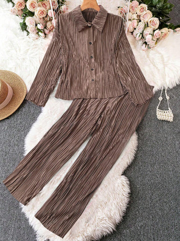 2pcs/Set Fashion Pleated Fabric Casual Knit Women's Suit