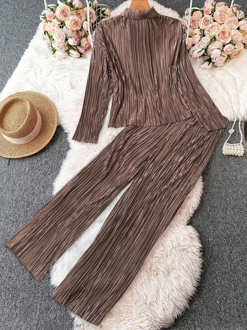 2pcs/Set Fashion Pleated Fabric Casual Knit Women's Suit