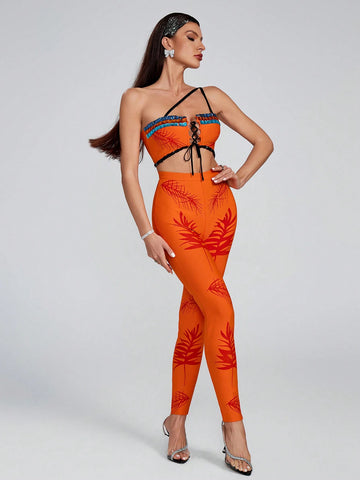2pcs/Set Fashionable Bandage Print Tie-Up Shoulder Blouse And Skinny Pants