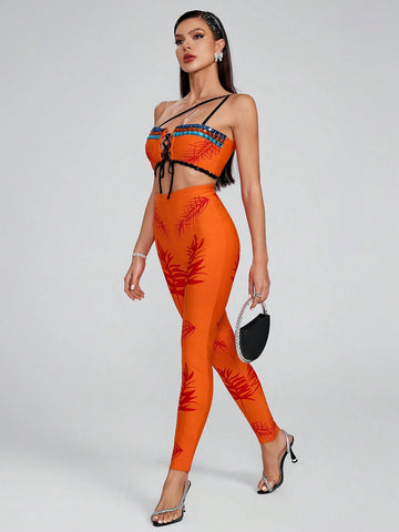 2pcs/Set Fashionable Bandage Print Tie-Up Shoulder Blouse And Skinny Pants
