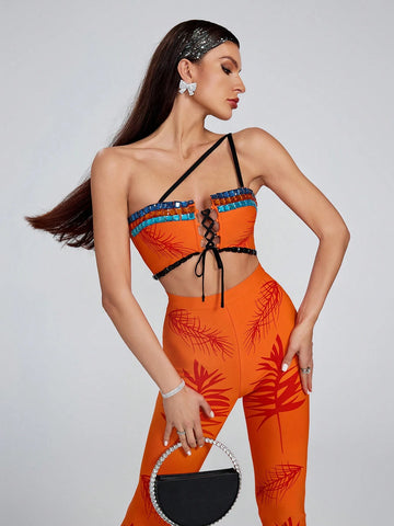 2pcs/Set Fashionable Bandage Print Tie-Up Shoulder Blouse And Skinny Pants