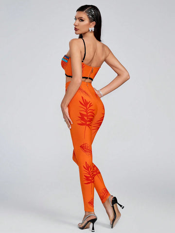 2pcs/Set Fashionable Bandage Print Tie-Up Shoulder Blouse And Skinny Pants
