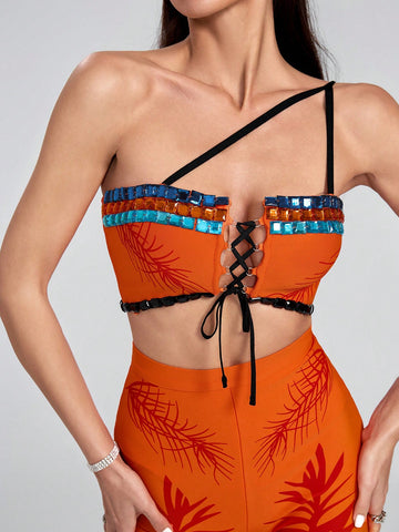 2pcs/Set Fashionable Bandage Print Tie-Up Shoulder Blouse And Skinny Pants
