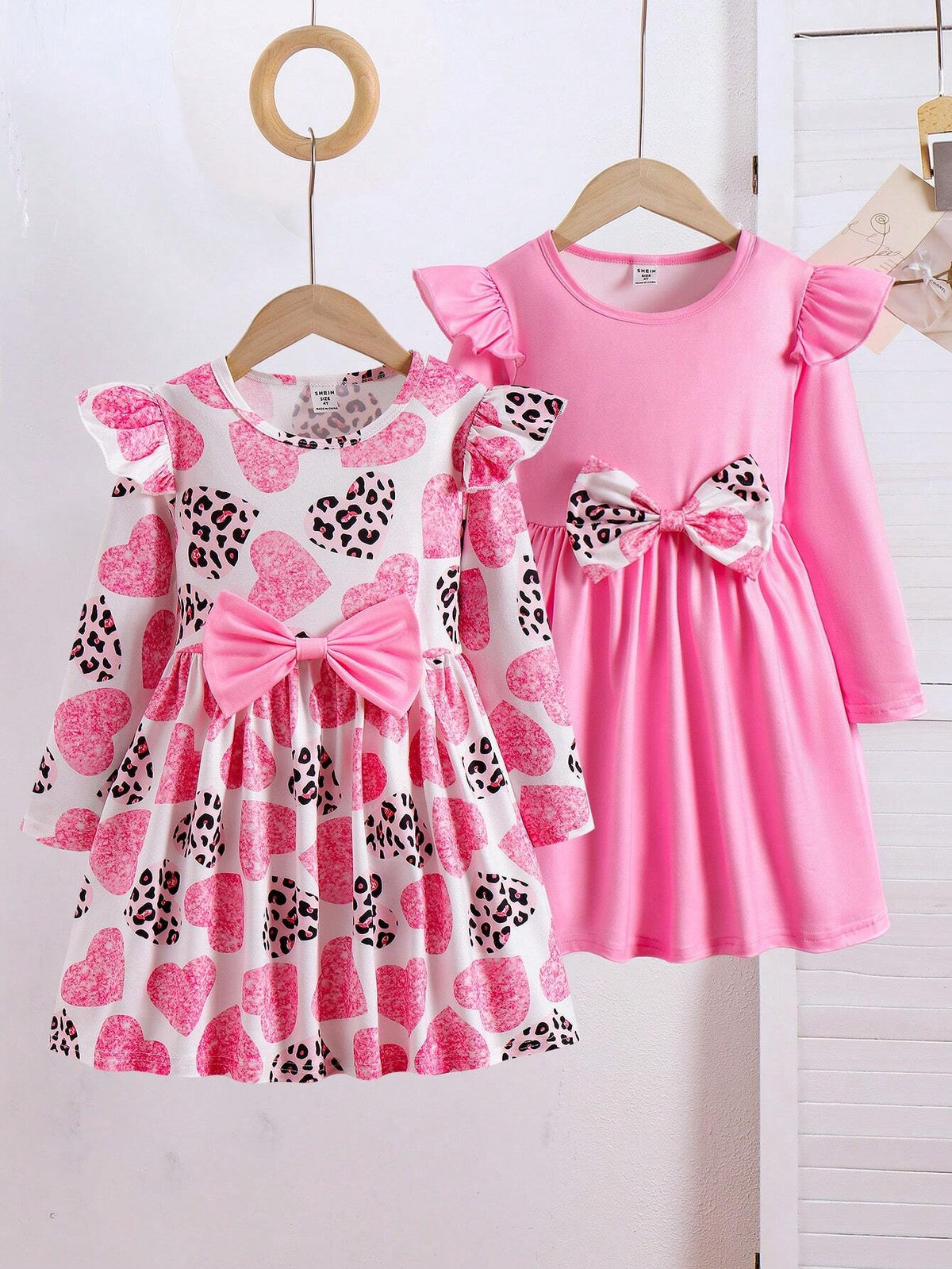 2pcs/Set Girl Cap Sleeve Cinched Waist Bow Decor Heart Print Knit Dress, Cute Sweet Comfortable Outfit For Little Girls