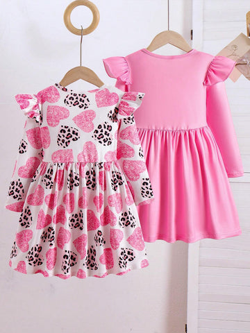 2pcs/Set Girl Cap Sleeve Cinched Waist Bow Decor Heart Print Knit Dress, Cute Sweet Comfortable Outfit For Little Girls