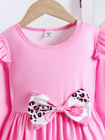 2pcs/Set Girl Cap Sleeve Cinched Waist Bow Decor Heart Print Knit Dress, Cute Sweet Comfortable Outfit For Little Girls