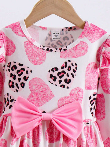 2pcs/Set Girl Cap Sleeve Cinched Waist Bow Decor Heart Print Knit Dress, Cute Sweet Comfortable Outfit For Little Girls