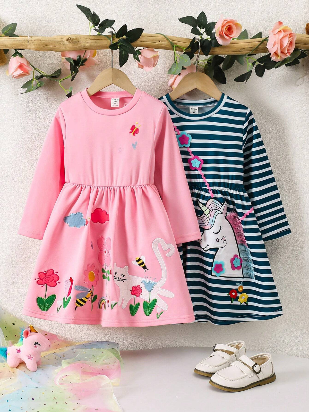 2pcs/Set Girl Dresses: 1pc Pink Cartoon Cat Embroidered Long Sleeve Dress & 1pc Blue-White Striped Unicorn Pattern Ruffle Decor Dress, Casual Outfits For Little Girls