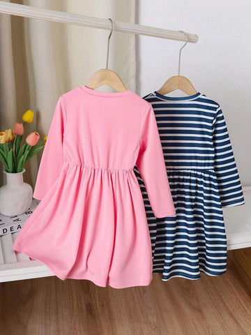 2pcs/Set Girl Dresses: 1pc Pink Cartoon Cat Embroidered Long Sleeve Dress & 1pc Blue-White Striped Unicorn Pattern Ruffle Decor Dress, Casual Outfits For Little Girls