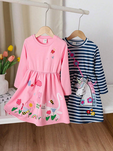 2pcs/Set Girl Dresses: 1pc Pink Cartoon Cat Embroidered Long Sleeve Dress & 1pc Blue-White Striped Unicorn Pattern Ruffle Decor Dress, Casual Outfits For Little Girls