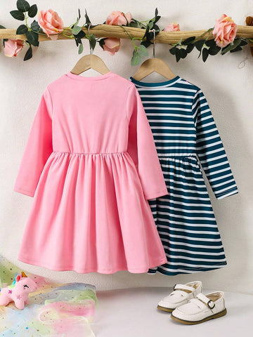 2pcs/Set Girl Dresses: 1pc Pink Cartoon Cat Embroidered Long Sleeve Dress & 1pc Blue-White Striped Unicorn Pattern Ruffle Decor Dress, Casual Outfits For Little Girls