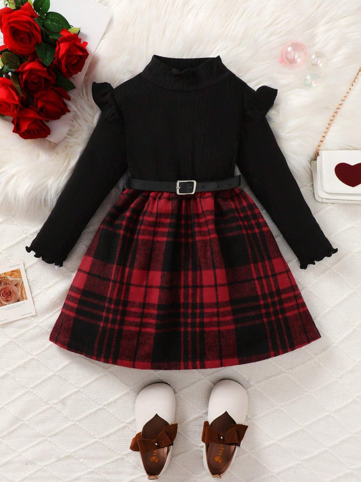 2pcs/Set Girl High Collar Knitted Ribbed Cap Sleeve Long Sleeve Plaid Dress + Belt, Casual And Cute Style