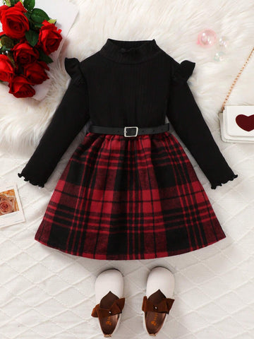 2pcs/Set Girl High Collar Knitted Ribbed Cap Sleeve Long Sleeve Plaid Dress + Belt, Casual And Cute Style