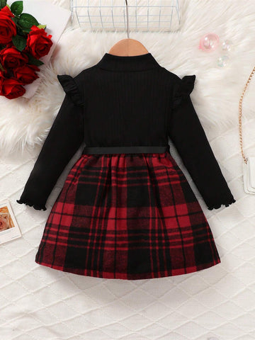 2pcs/Set Girl High Collar Knitted Ribbed Cap Sleeve Long Sleeve Plaid Dress + Belt, Casual And Cute Style