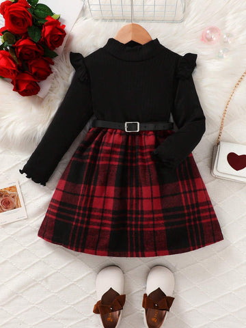 2pcs/Set Girl High Collar Knitted Ribbed Cap Sleeve Long Sleeve Plaid Dress + Belt, Casual And Cute Style