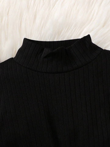 2pcs/Set Girl High Collar Knitted Ribbed Cap Sleeve Long Sleeve Plaid Dress + Belt, Casual And Cute Style