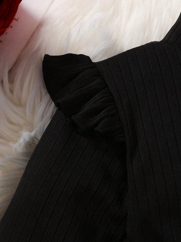 2pcs/Set Girl High Collar Knitted Ribbed Cap Sleeve Long Sleeve Plaid Dress + Belt, Casual And Cute Style