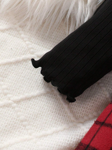 2pcs/Set Girl High Collar Knitted Ribbed Cap Sleeve Long Sleeve Plaid Dress + Belt, Casual And Cute Style