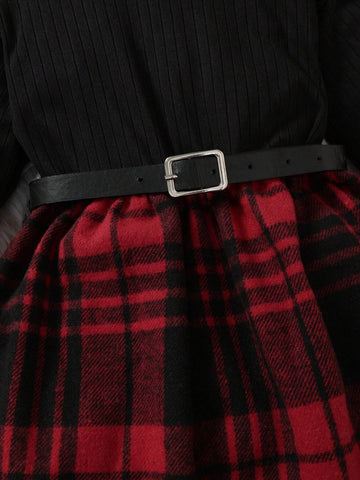 2pcs/Set Girl High Collar Knitted Ribbed Cap Sleeve Long Sleeve Plaid Dress + Belt, Casual And Cute Style
