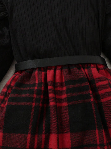 2pcs/Set Girl High Collar Knitted Ribbed Cap Sleeve Long Sleeve Plaid Dress + Belt, Casual And Cute Style