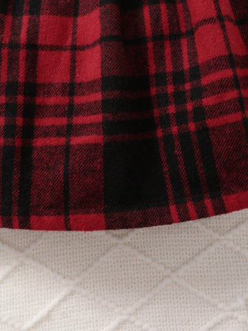 2pcs/Set Girl High Collar Knitted Ribbed Cap Sleeve Long Sleeve Plaid Dress + Belt, Casual And Cute Style