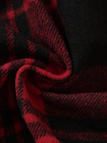 2pcs/Set Girl High Collar Knitted Ribbed Cap Sleeve Long Sleeve Plaid Dress + Belt, Casual And Cute Style