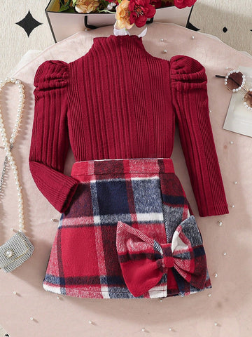 2pcs/Set Girl Toddler Casual Puff Sleeve Top And Fashion Bowknot Plaid Skort, 2-Piece Outfit