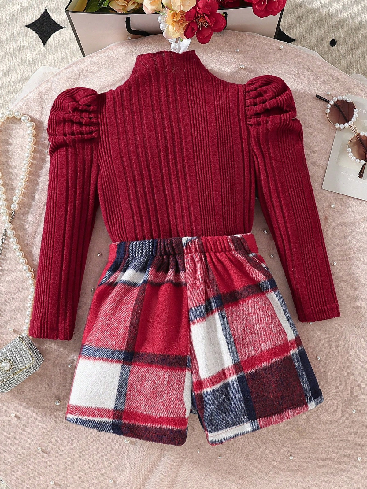 2pcs/Set Girl Toddler Casual Puff Sleeve Top And Fashion Bowknot Plaid Skort, 2-Piece Outfit