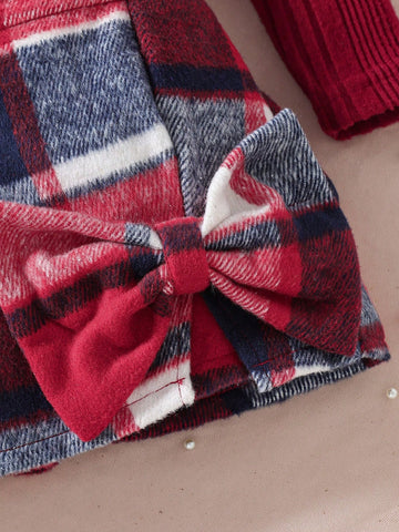 2pcs/Set Girl Toddler Casual Puff Sleeve Top And Fashion Bowknot Plaid Skort, 2-Piece Outfit