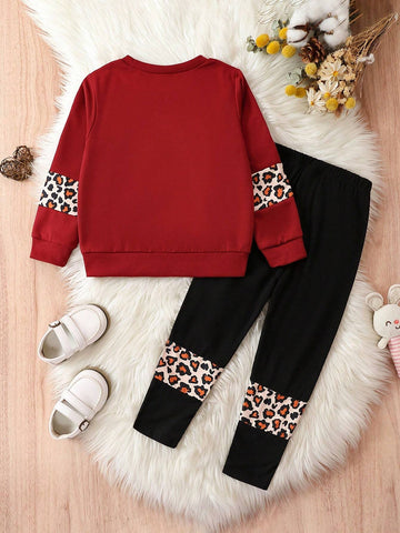 2pcs/Set Girls 4-7Y Splice Letter & Leopard Print Long Sleeve Top And Casual Pants, Spring Autumn