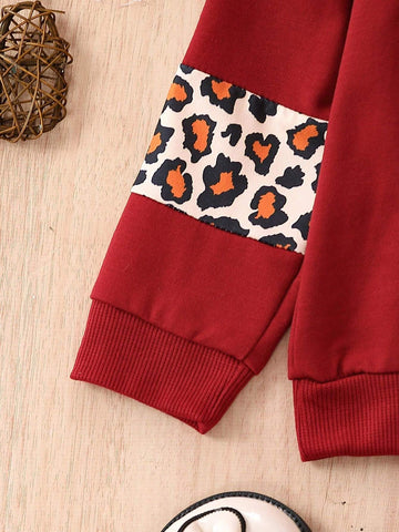 2pcs/Set Girls 4-7Y Splice Letter & Leopard Print Long Sleeve Top And Casual Pants, Spring Autumn
