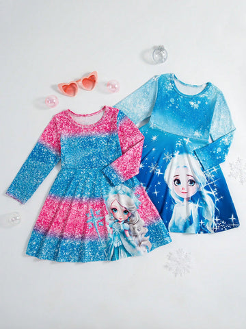 2pcs/Set Girls Cartoon Princess Allover Print Long Sleeve Dress