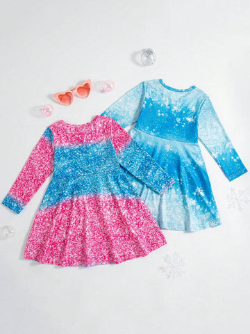 2pcs/Set Girls Cartoon Princess Allover Print Long Sleeve Dress