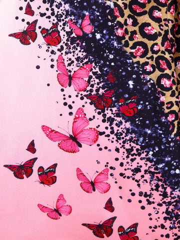 2pcs/Set Girls Casual Butterfly Color Blocking Print Long Sleeve Top And Leopard Print Skinny Pants Outfit, Autumn/Winter