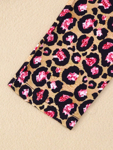 2pcs/Set Girls Casual Butterfly Color Blocking Print Long Sleeve Top And Leopard Print Skinny Pants Outfit, Autumn/Winter