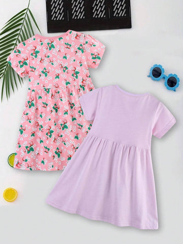 2pcs/Set Girls' Casual Cartoon Printed Round Neck Short Sleeve Dress, Summer